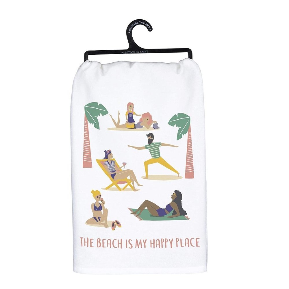 The Beach Is My Happy Place - Colorful Beach Themed Cotton Kitchen Towel